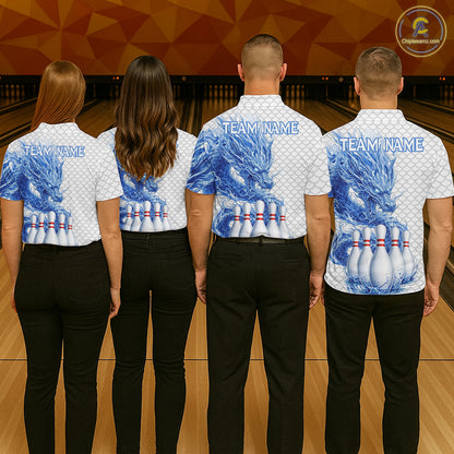 Bowling team wearing white blue dragon bowling polo shirts custom team jerseys for league and tournament bowlers