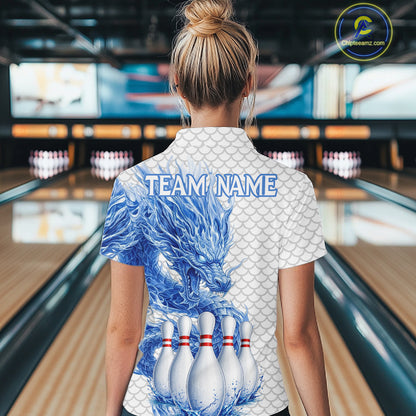Female model wearing white blue dragon bowling polo shirt custom bowling team jersey for league bowlers