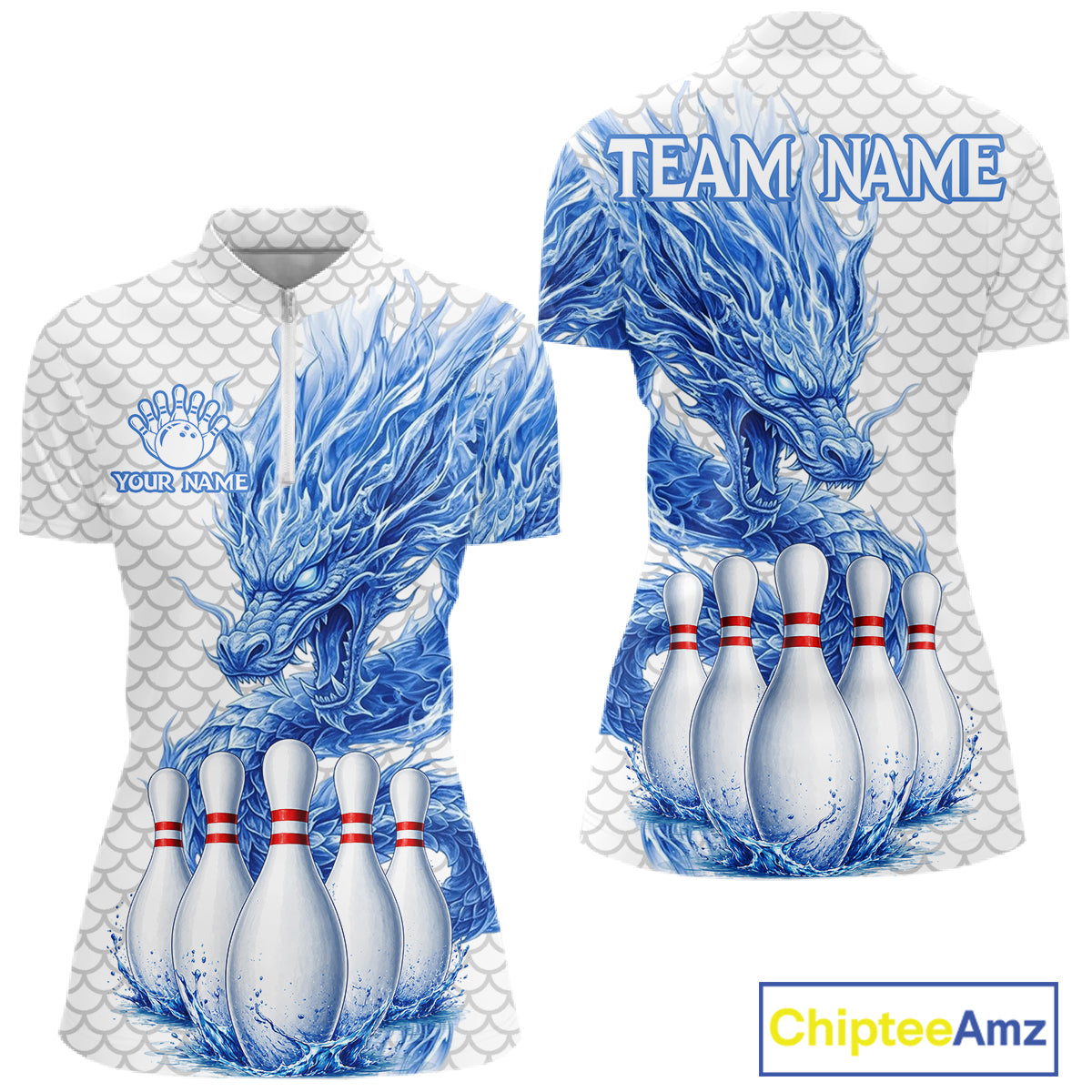 Women's white blue dragon bowling quarter zip shirt mockup custom bowling team jersey dragon bowling apparel
