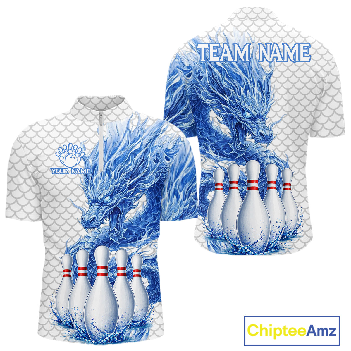 Men's white blue dragon bowling quarter zip shirt mockup custom bowling team jersey dragon bowling apparel