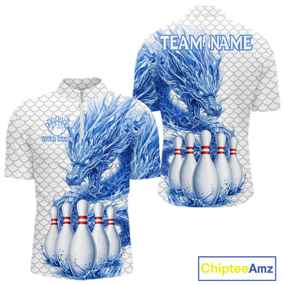Men's white blue dragon bowling quarter zip shirt mockup custom bowling team jersey dragon bowling apparel
