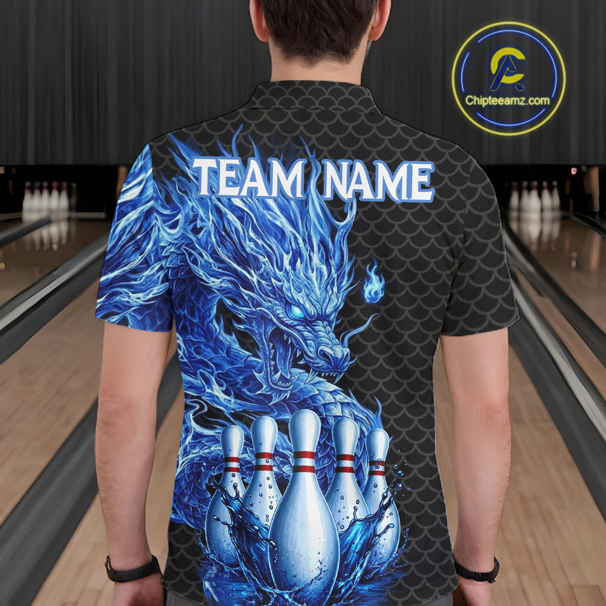 Male model wearing black blue dragon bowling polo shirt custom bowling team jersey for league bowlers