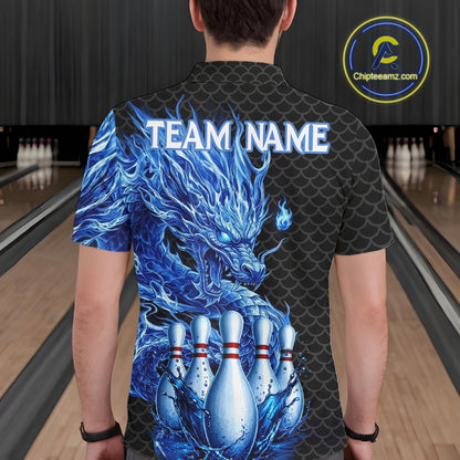 Male model wearing black blue dragon bowling polo shirt custom bowling team jersey for league bowlers