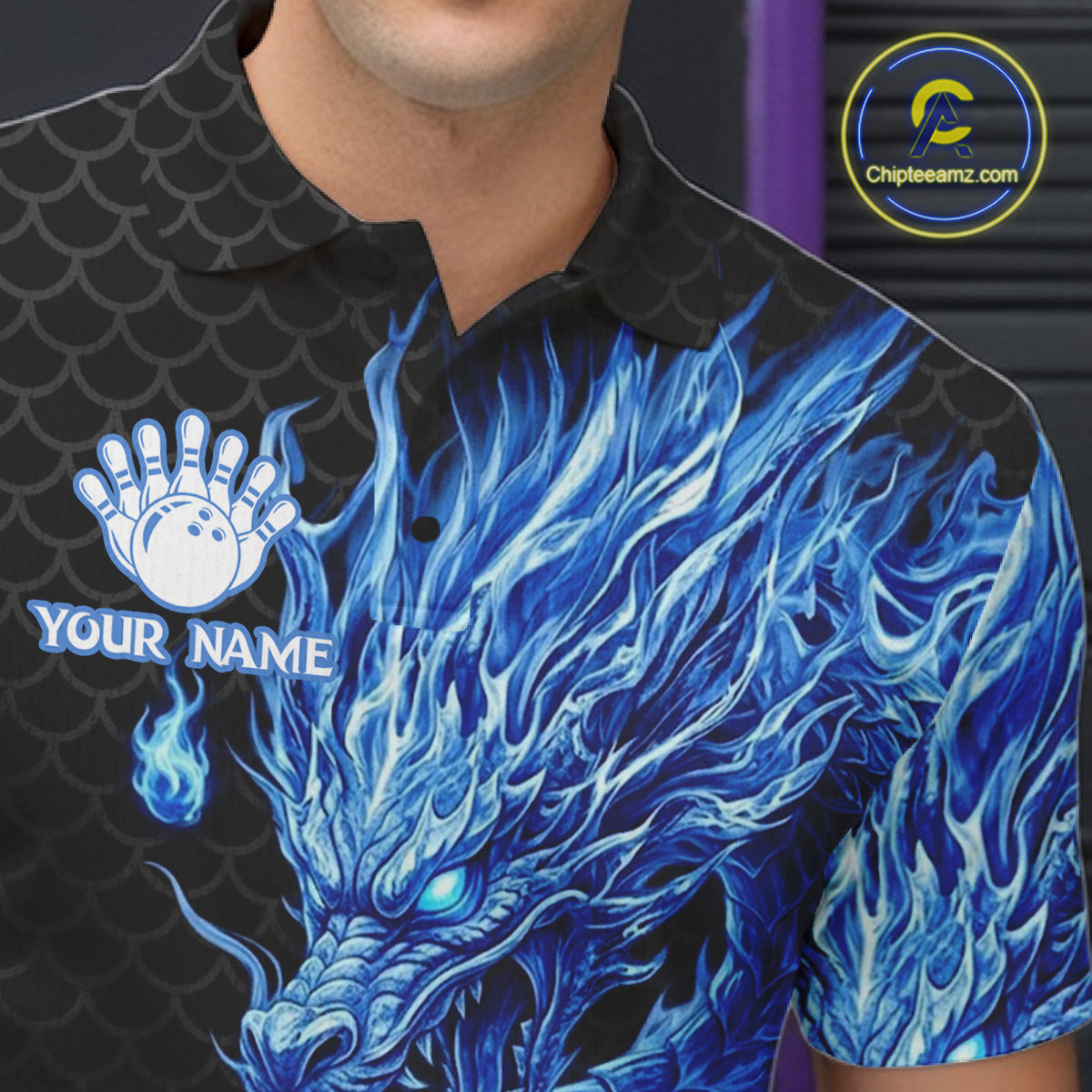 Male model wearing black blue dragon bowling polo shirt custom bowling team jersey for league bowlers