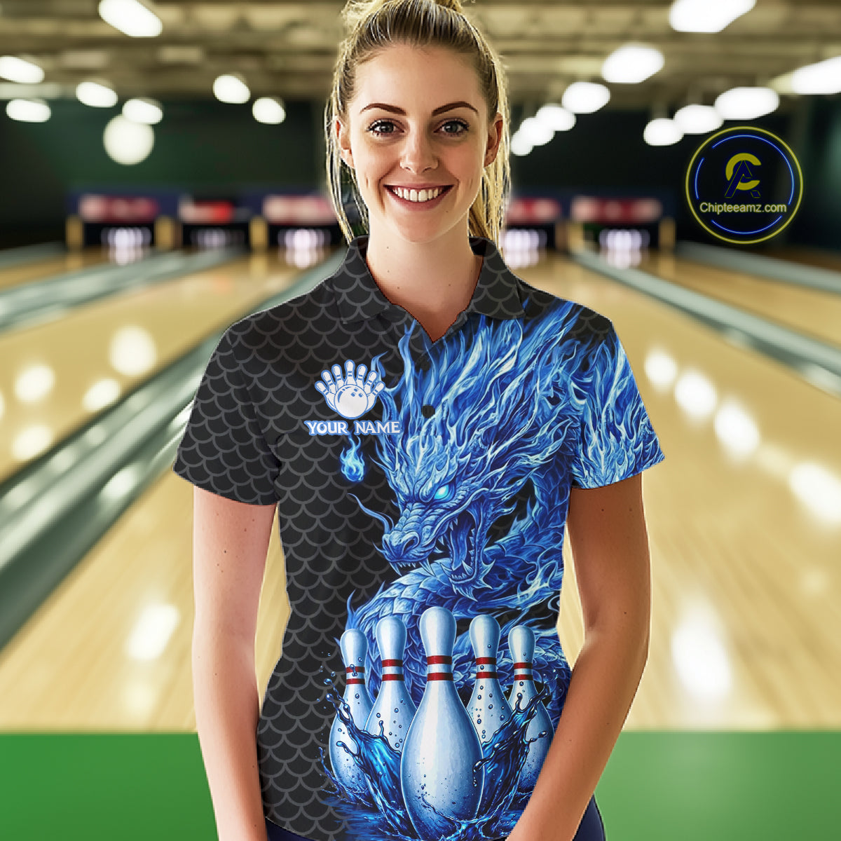Female model wearing black blue dragon bowling polo shirt custom bowling team jersey for league bowler