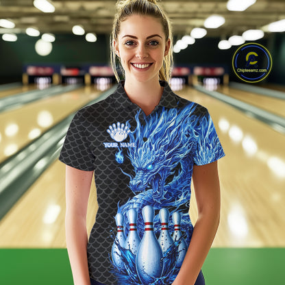Female model wearing black blue dragon bowling polo shirt custom bowling team jersey for league bowler