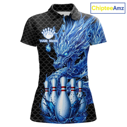 Women's black blue dragon bowling polo shirt mockup custom bowling team jersey splatter dragon bowling apparel