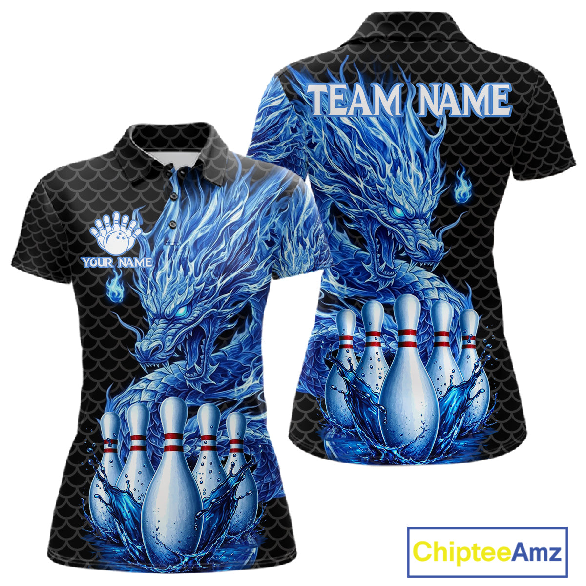 Women's black blue dragon bowling polo shirt mockup custom bowling team jersey splatter dragon bowling apparel