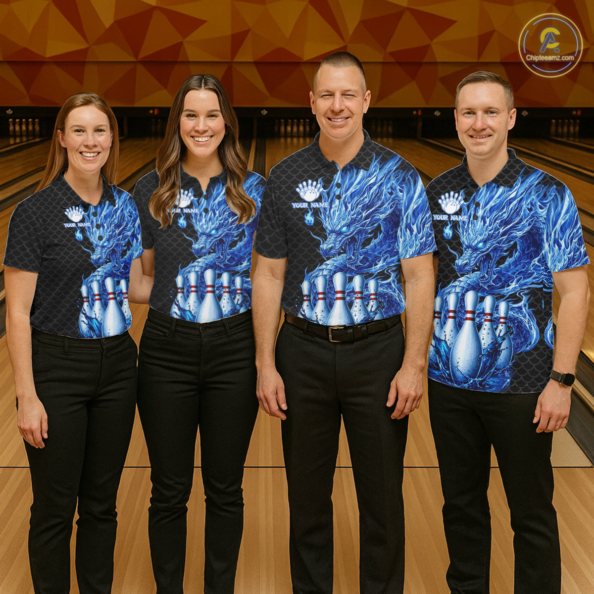 Bowling team wearing black blue dragon bowling polo shirts custom team jerseys for league and tournament bowlers