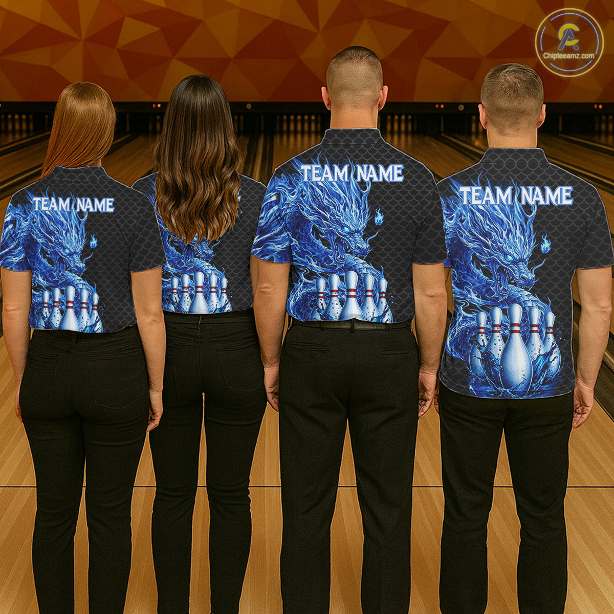 Bowling team wearing black blue dragon bowling polo shirts custom team jerseys for league and tournament bowlers