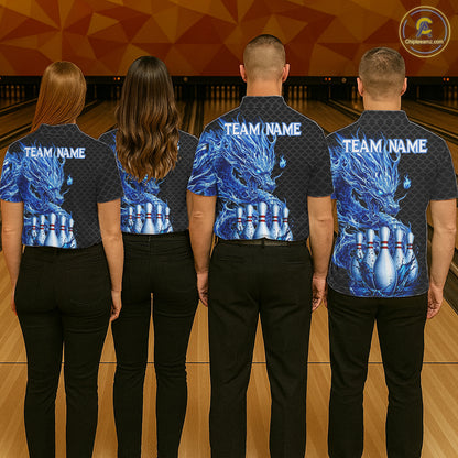 Bowling team wearing black blue dragon bowling polo shirts custom team jerseys for league and tournament bowlers