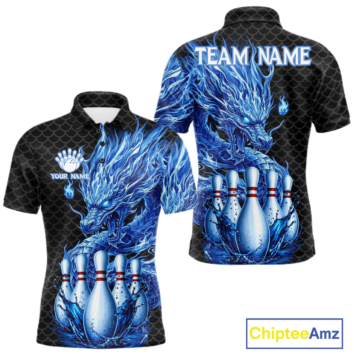 Men's black blue dragon bowling polo shirt mockup custom bowling team jersey splatter dragon bowling apparel