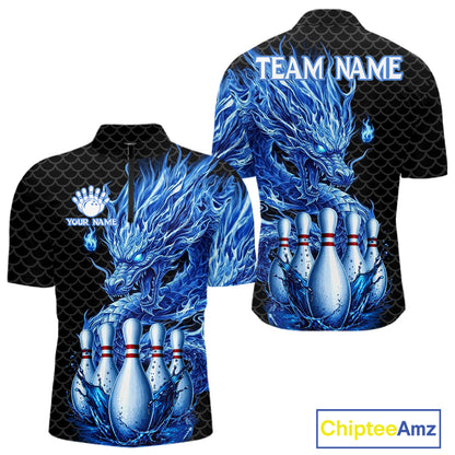 Men's black blue dragon bowling quarter zip shirt mockup custom bowling team jersey dragon bowling apparel