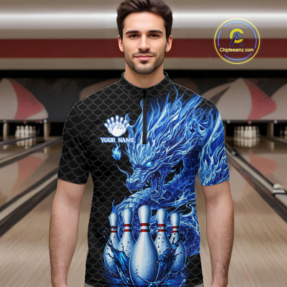 Male model wearing black blue dragon bowling polo shirt custom bowling team jersey for league bowlers