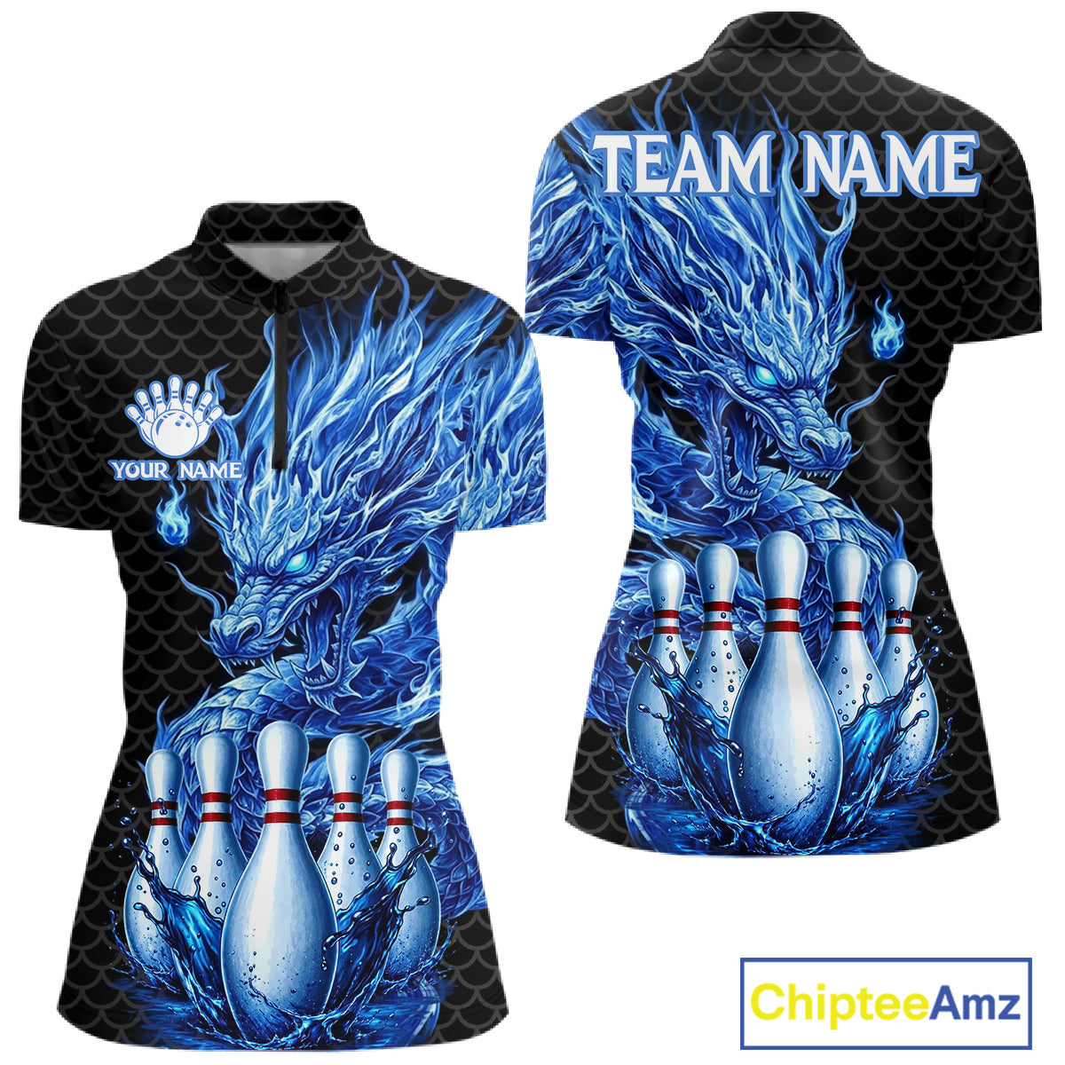 Women's black blue dragon bowling quarter zip shirt mockup custom bowling team jersey dragon bowling apparel