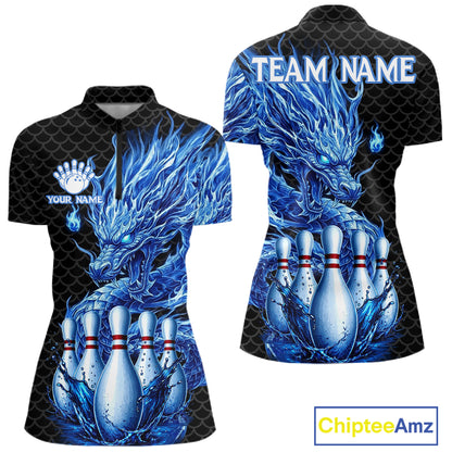 Women's black blue dragon bowling quarter zip shirt mockup custom bowling team jersey dragon bowling apparel