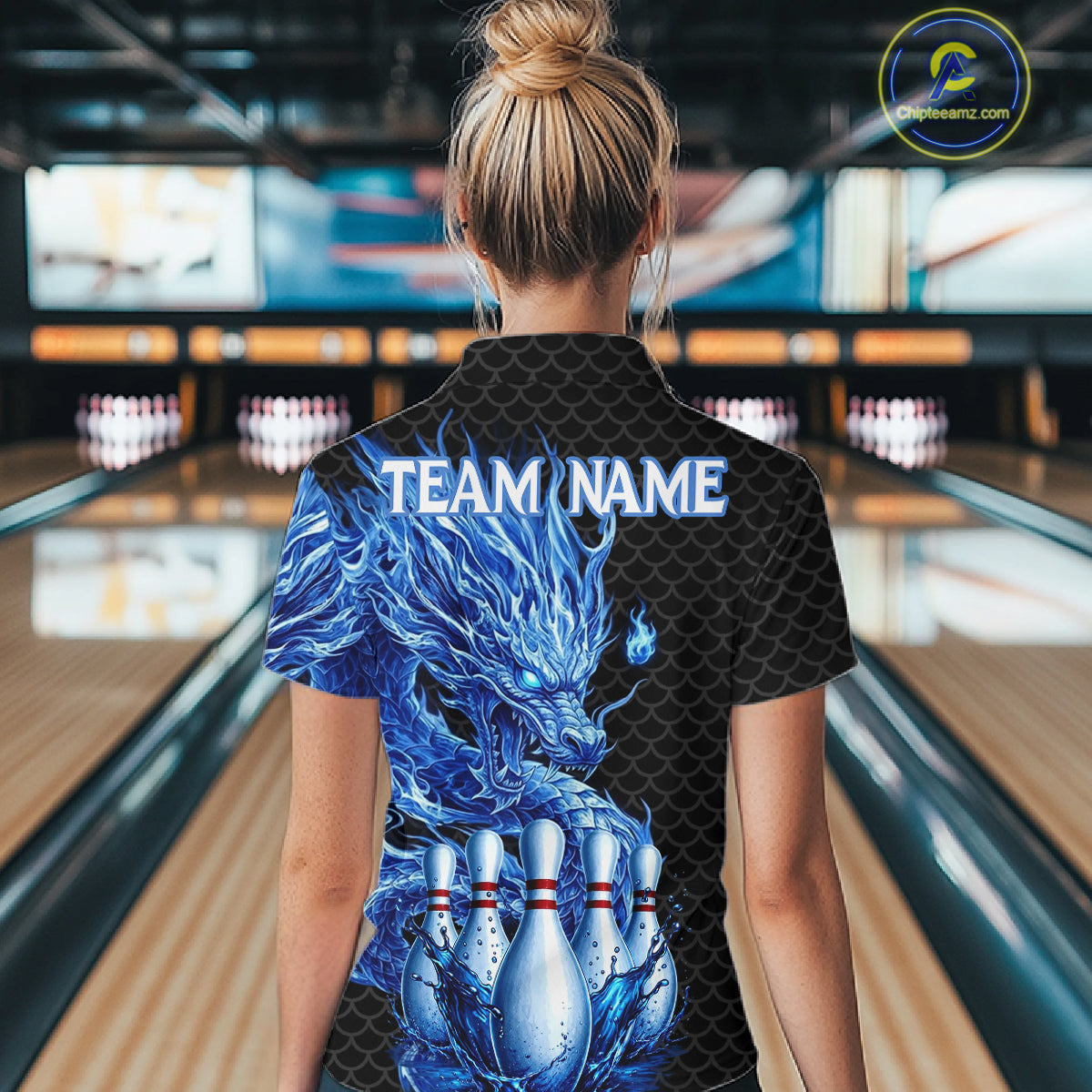 Female model wearing black blue dragon bowling polo shirt custom bowling team jersey for league bowler