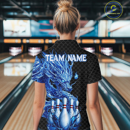 Female model wearing black blue dragon bowling polo shirt custom bowling team jersey for league bowler