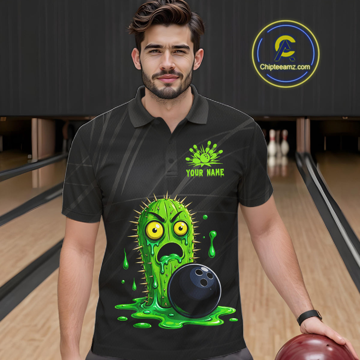 Male model wearing funny green cactus bowling shirt custom bowling team jersey for league bowlers