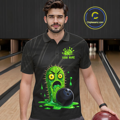 Male model wearing funny green cactus bowling shirt custom bowling team jersey for league bowlers