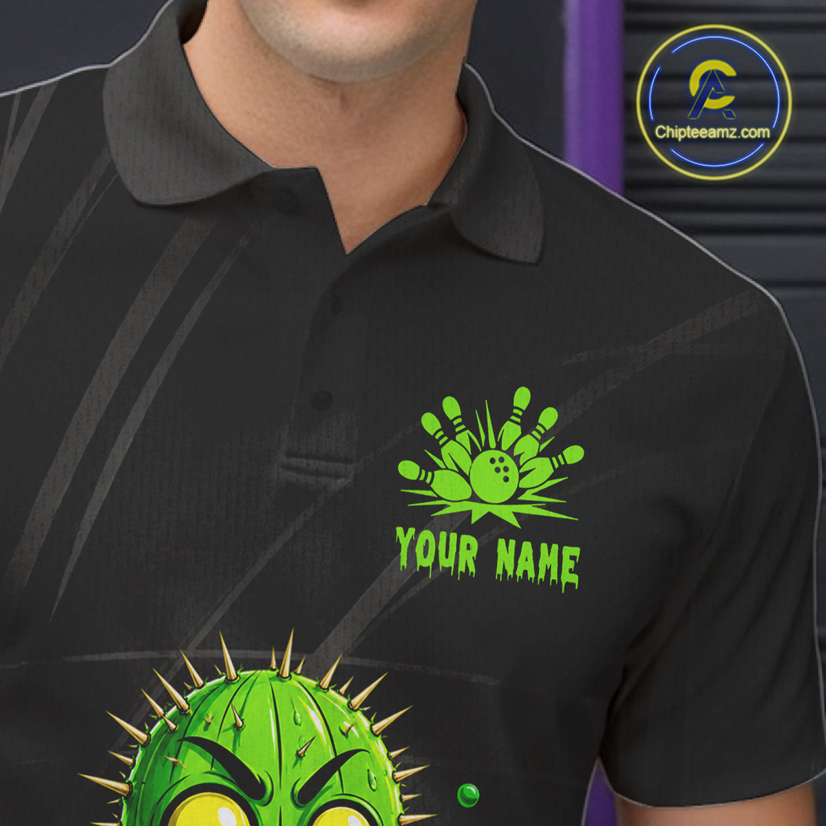 Male model wearing funny green cactus bowling shirt custom bowling team jersey for league bowlers