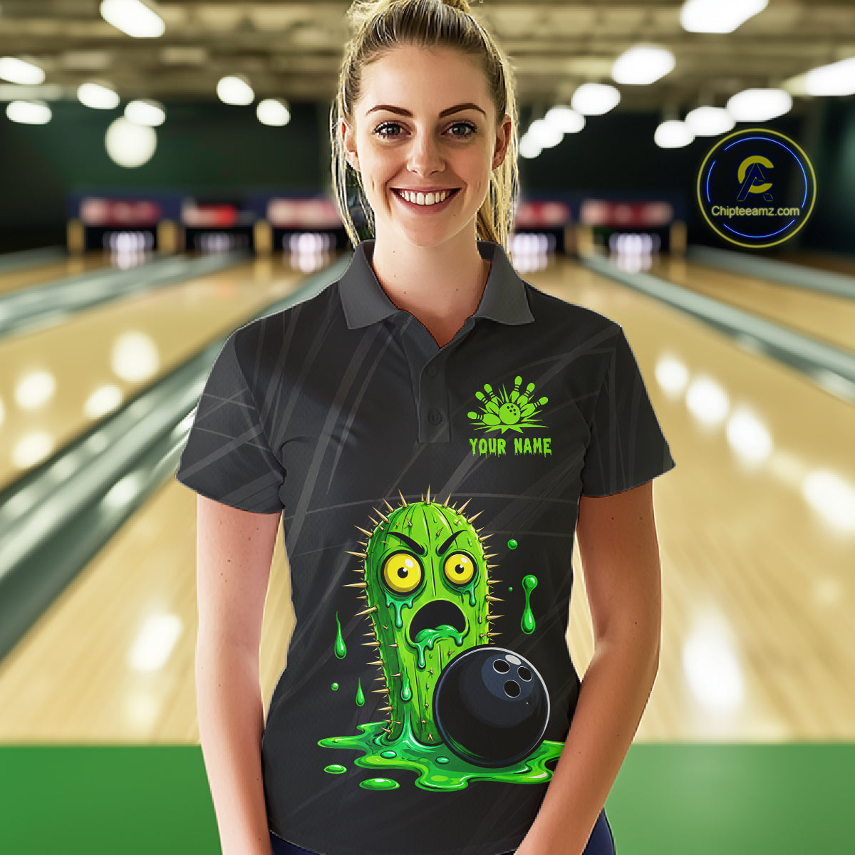 Female model wearing funny green cactus bowling shirt custom bowling team jersey for league bowlers