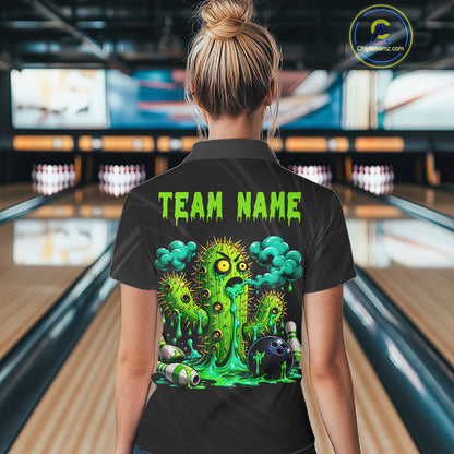 Female model wearing funny green cactus bowling shirt custom bowling team jersey for league bowlers