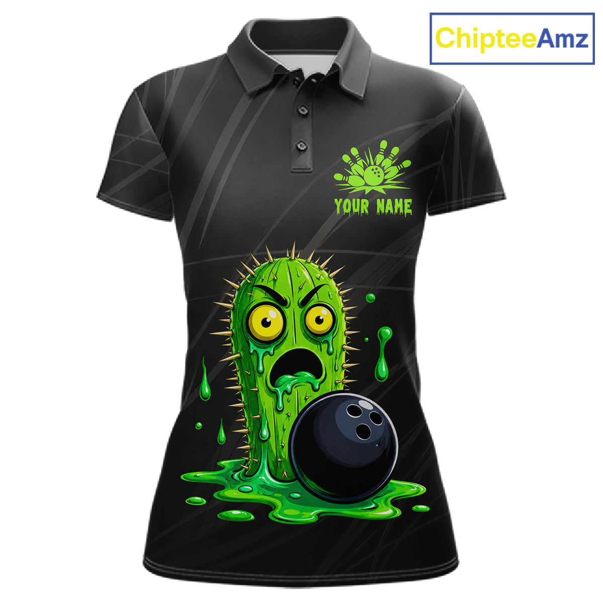 Women's funny green cactus bowling polo shirt mockup custom bowling team jersey cactus bowling apparel