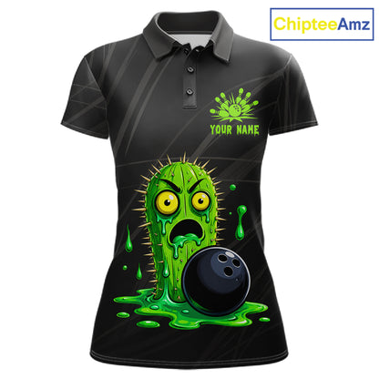 Women's funny green cactus bowling polo shirt mockup custom bowling team jersey cactus bowling apparel