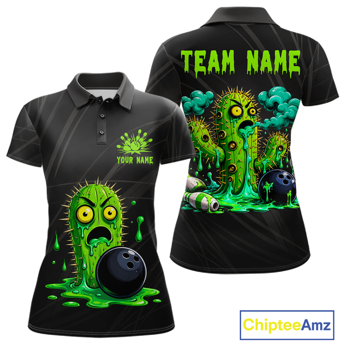 Women's funny green cactus bowling polo shirt mockup custom bowling team jersey cactus bowling apparel