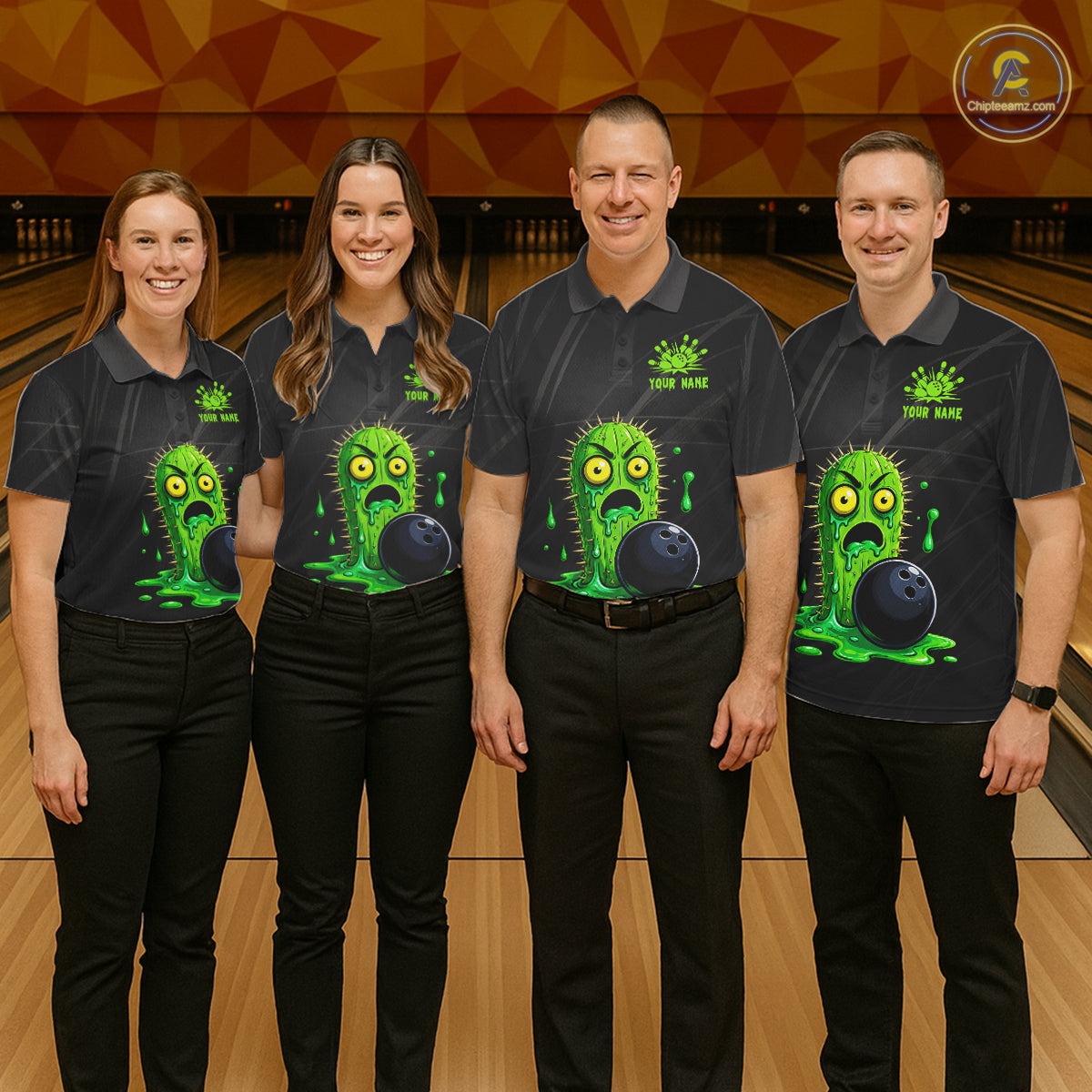 Bowling team wearing funny green cactus bowling shirts custom bowling team jerseys for league play