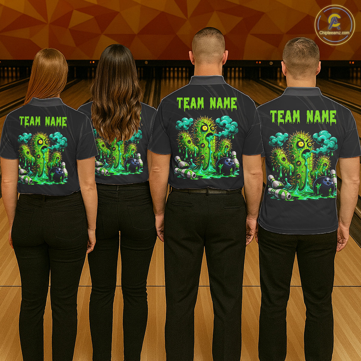 Bowling team wearing funny green cactus bowling shirts custom bowling team jerseys for league play