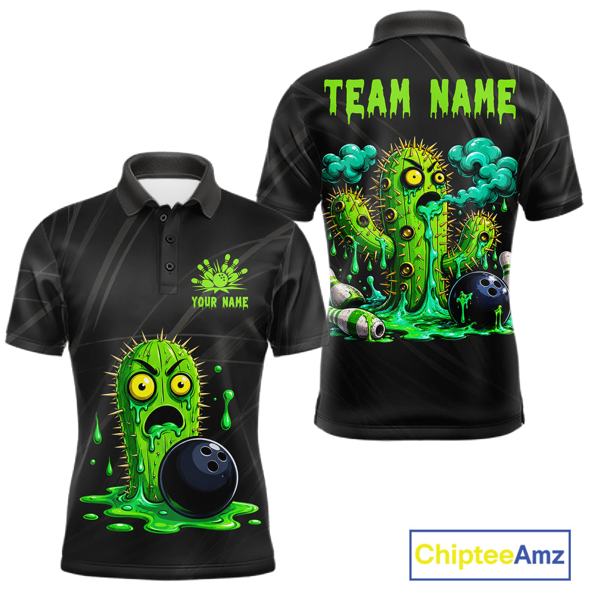 Men's funny green cactus bowling polo shirt mockup custom bowling team jersey cactus bowling apparel