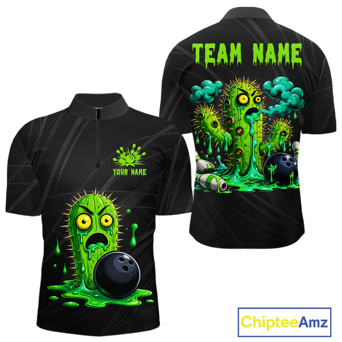 Men's funny green cactus bowling quarter zip shirt mockup custom bowling team jersey cactus bowling apparel