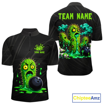 Men's funny green cactus bowling quarter zip shirt mockup custom bowling team jersey cactus bowling apparel