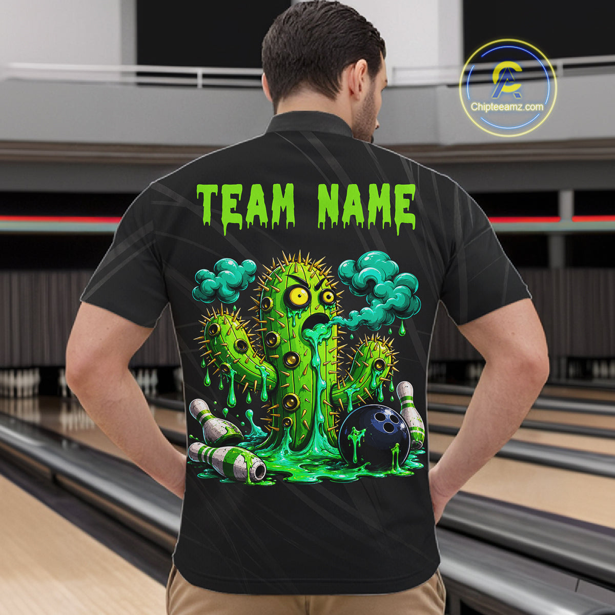 Male model wearing funny green cactus bowling shirt custom bowling team jersey for league bowlers