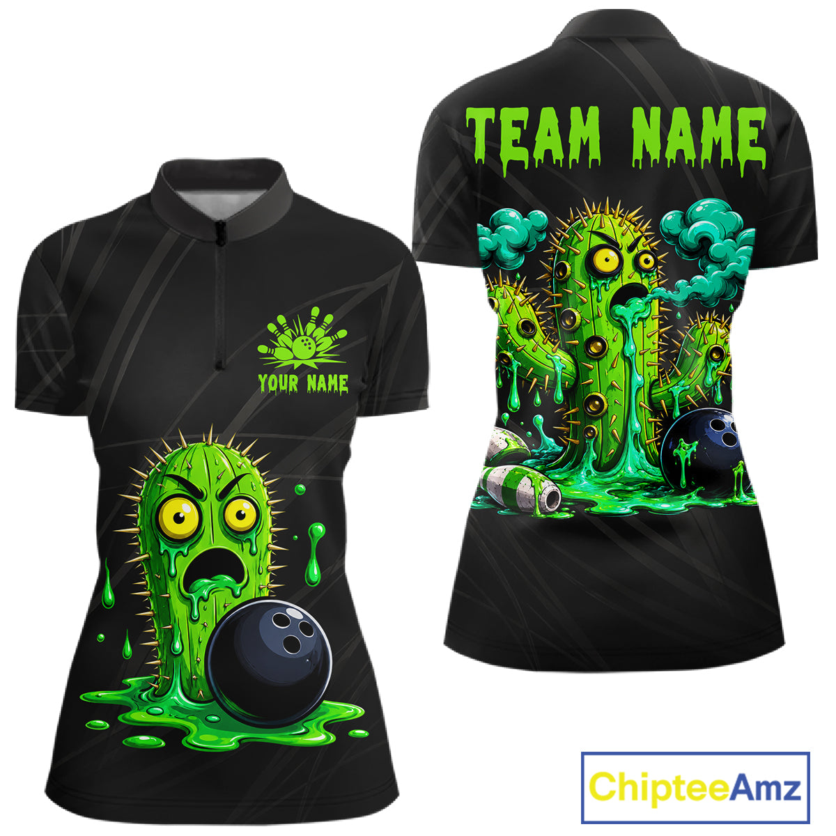 Women's funny green cactus bowling quarter zip shirt mockup custom bowling team jersey cactus bowling apparel