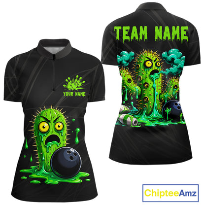 Women's funny green cactus bowling quarter zip shirt mockup custom bowling team jersey cactus bowling apparel