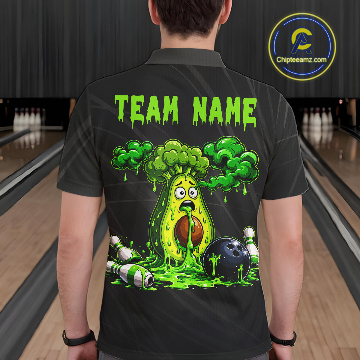 Male model wearing funny avocado bowling shirt custom bowling team jersey for tournament bowlers