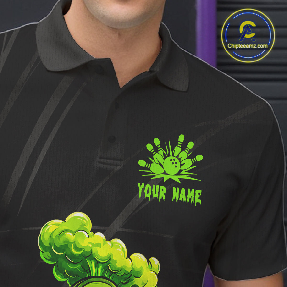Male model wearing funny avocado bowling shirt custom bowling team jersey for tournament bowlers