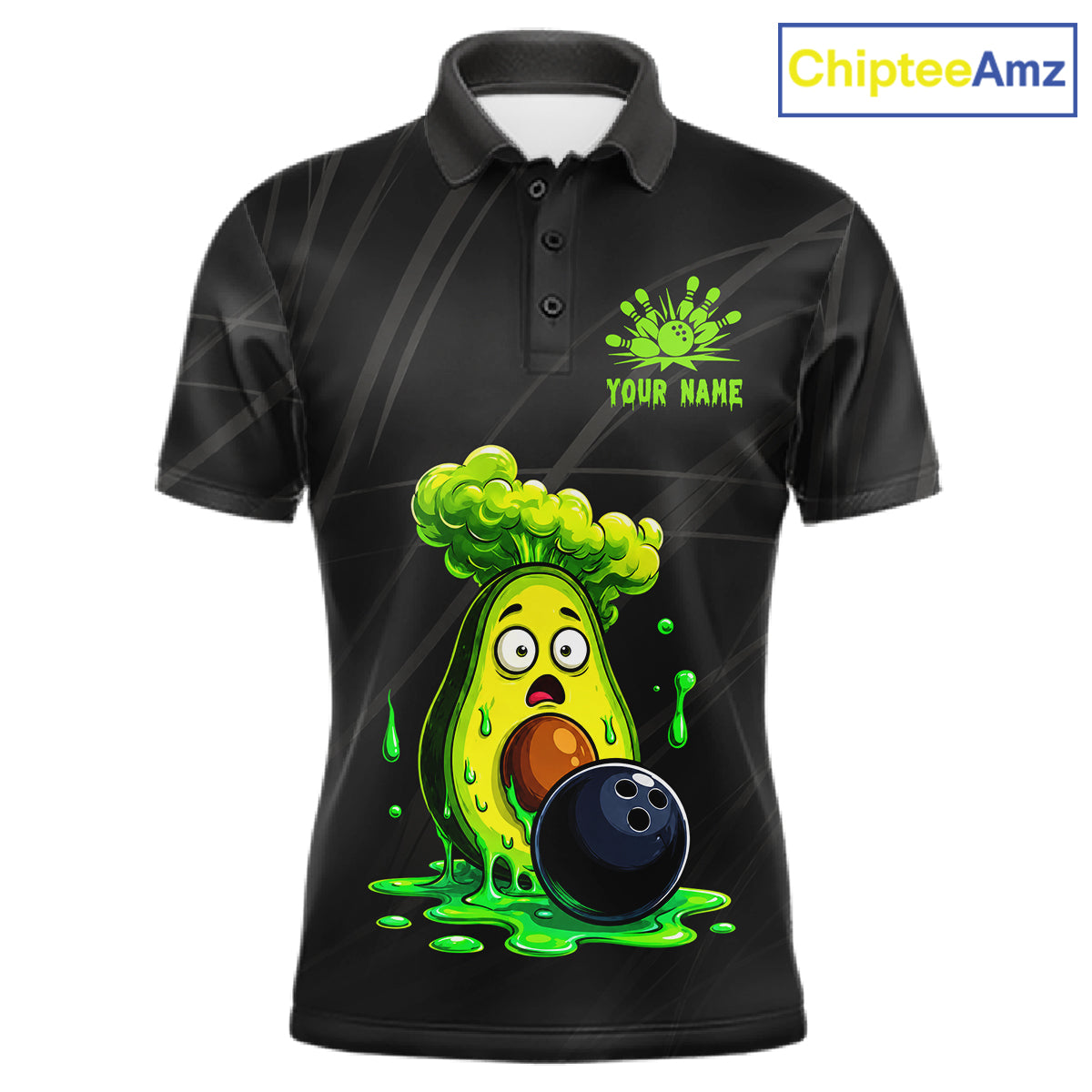 Men's funny avocado bowling polo shirt mockup custom bowling team jersey avocado bowling apparel