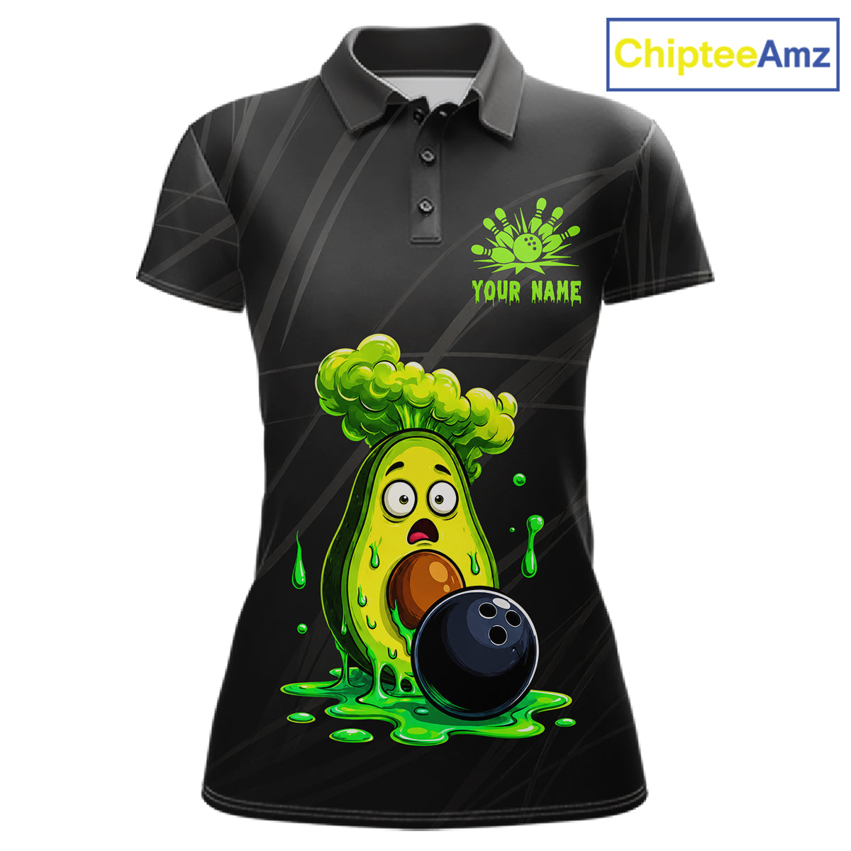 Women's funny avocado bowling polo shirt mockup custom bowling team jersey avocado bowling apparel