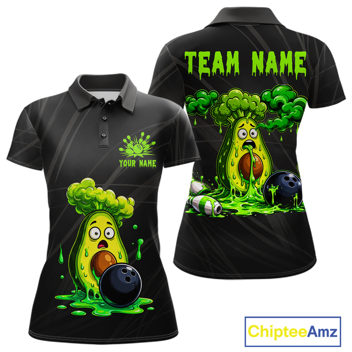 Women's funny avocado bowling polo shirt mockup custom bowling team jersey avocado bowling apparel