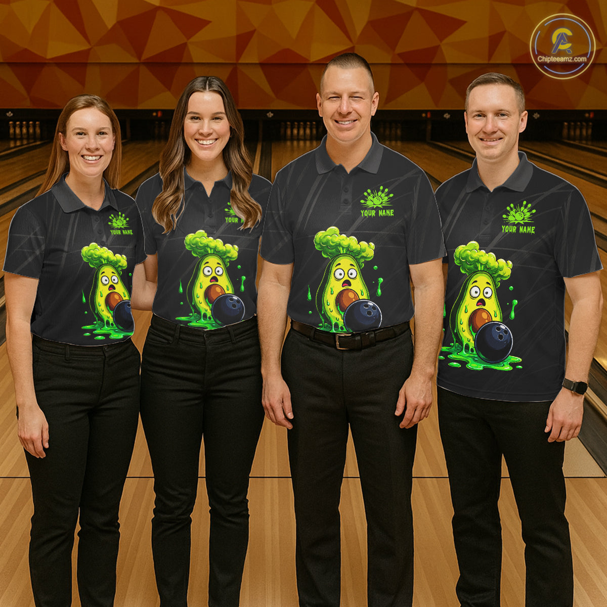 Bowling team wearing funny avocado bowling shirts custom bowling team jerseys for league and tournament play