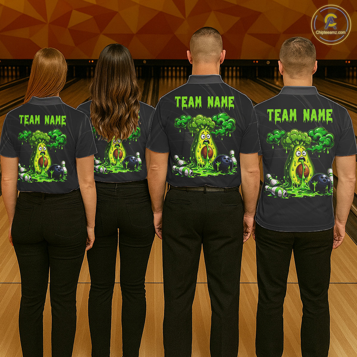Bowling team wearing funny avocado bowling shirts custom bowling team jerseys for league and tournament play