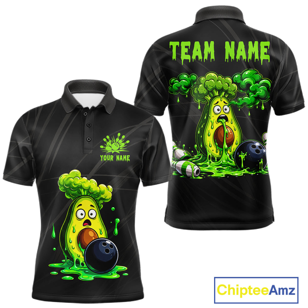 Men's funny avocado bowling polo shirt mockup custom bowling team jersey avocado bowling apparel