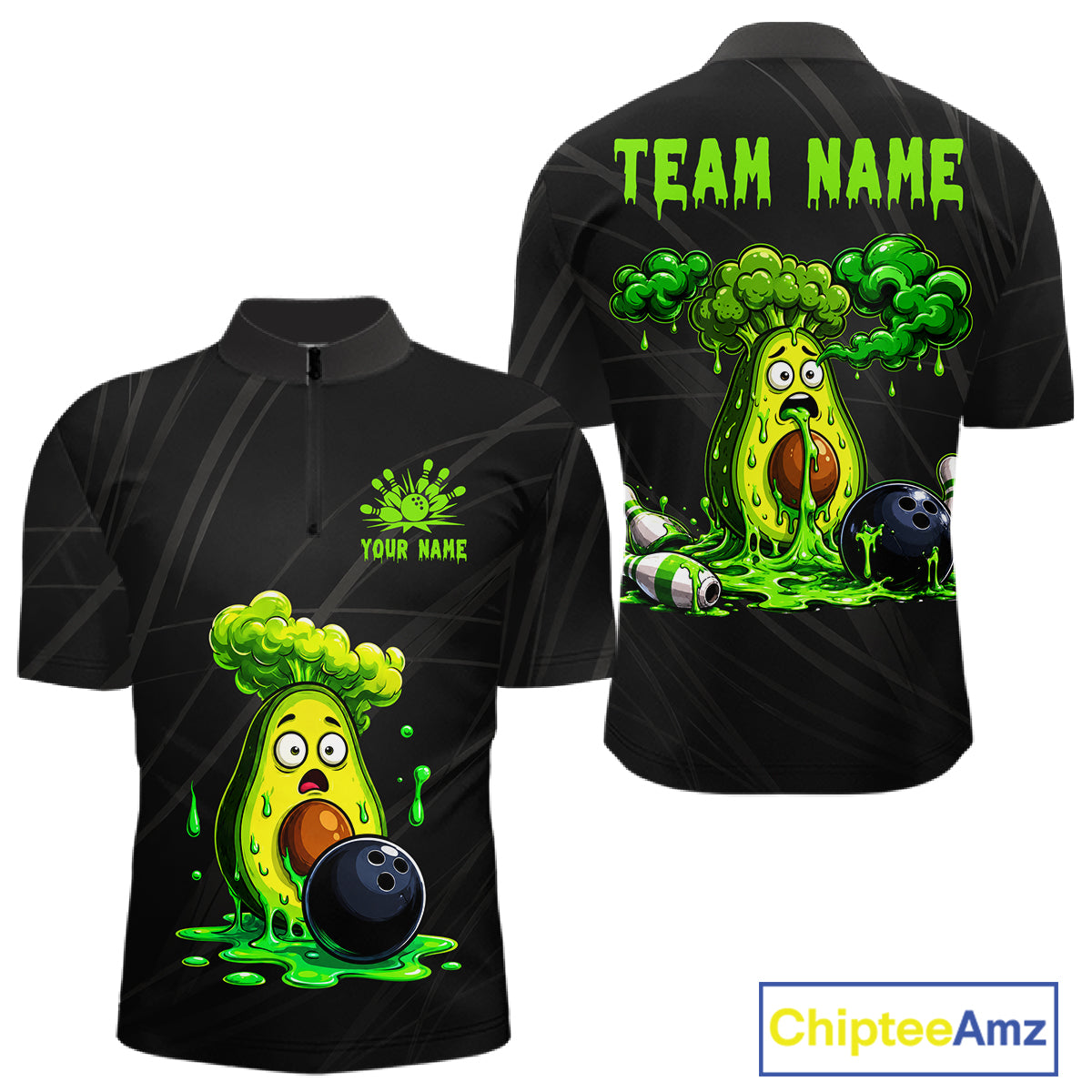 Men's funny avocado bowling quarter zip shirt mockup custom bowling team jersey avocado bowling apparel