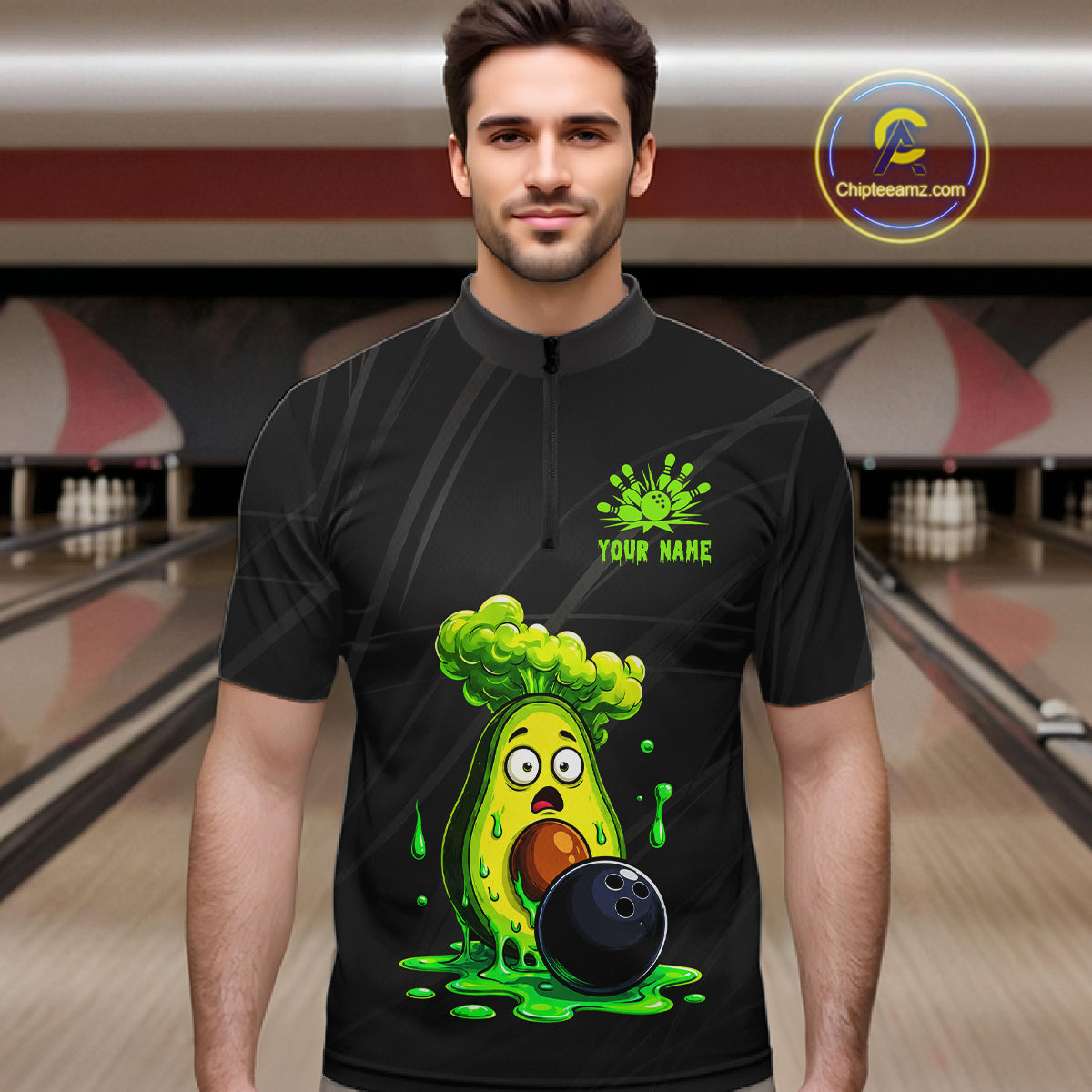 Male model wearing funny avocado bowling shirt custom bowling team jersey for tournament bowlers