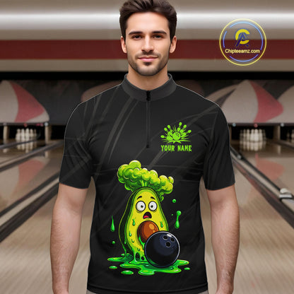 Male model wearing funny avocado bowling shirt custom bowling team jersey for tournament bowlers