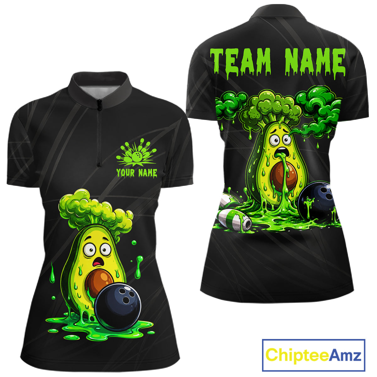 Women's funny avocado bowling quarter zip shirt mockup custom bowling team jersey avocado bowling apparel